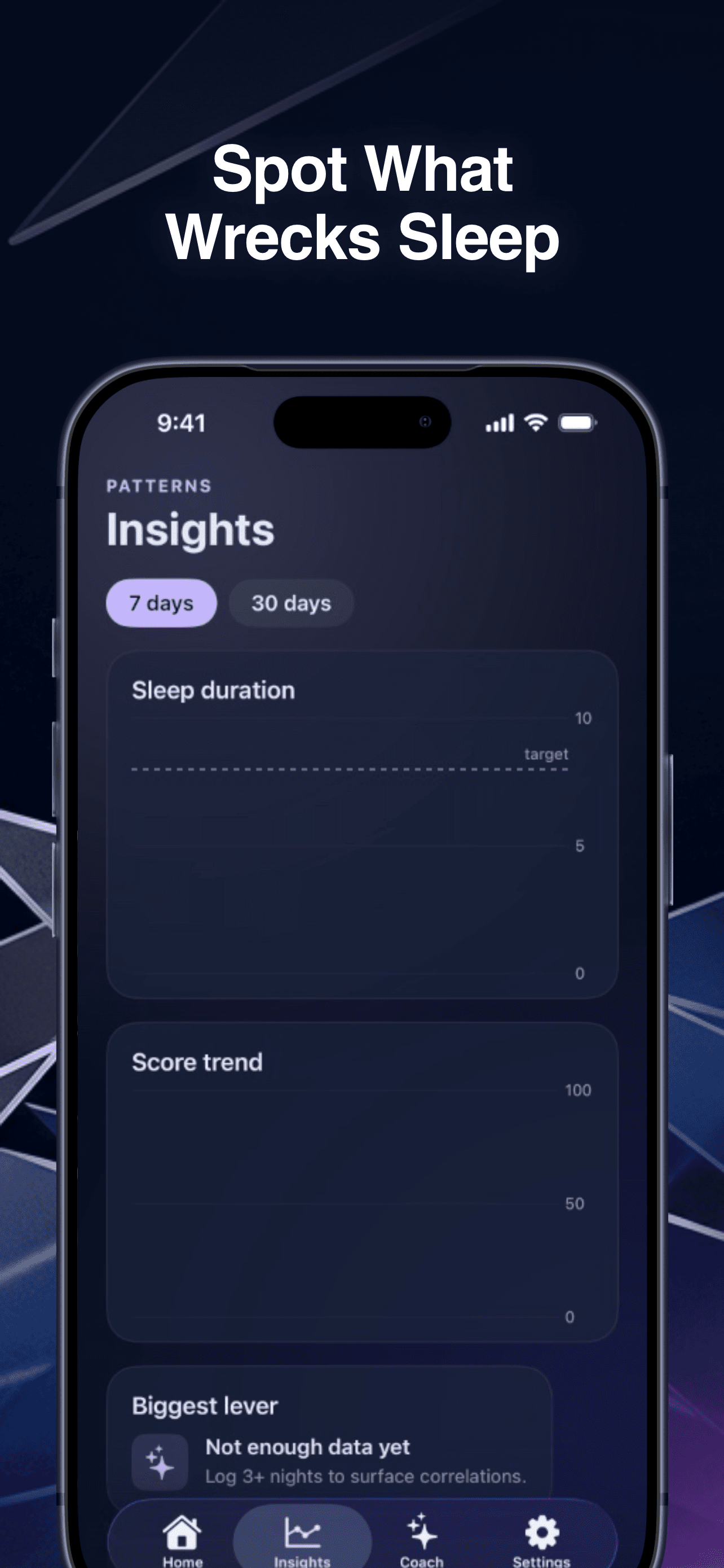Sleep Arc insights screen showing sleep score trends affected by caffeine timing