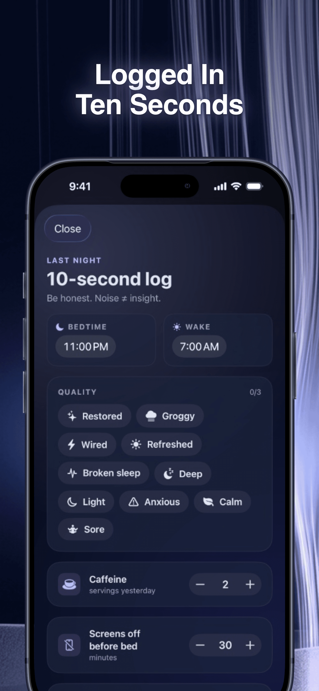 Sleep Arc nightly log screen with bedtime, wake time, and quality tags