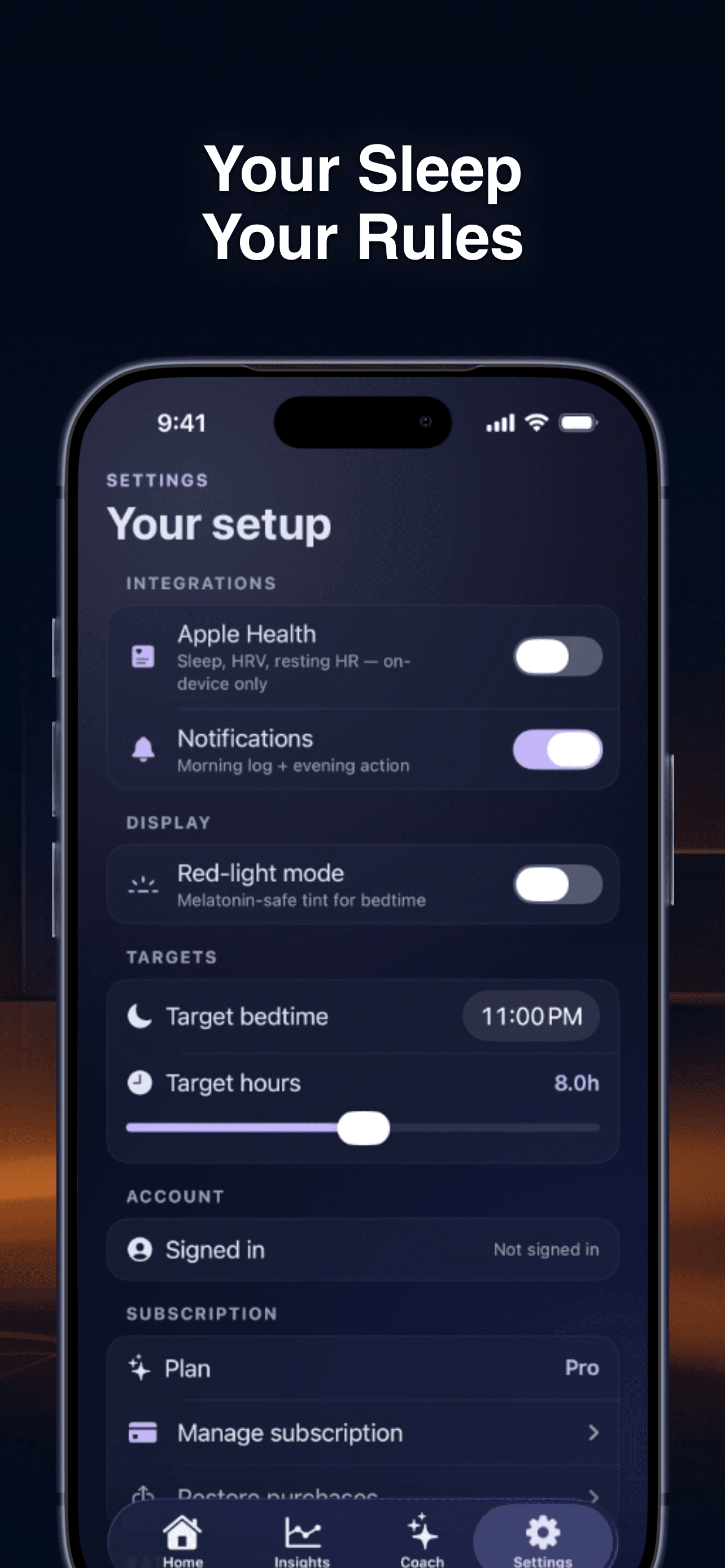 Sleep Arc settings screen showing Apple Health integration for HRV tracking
